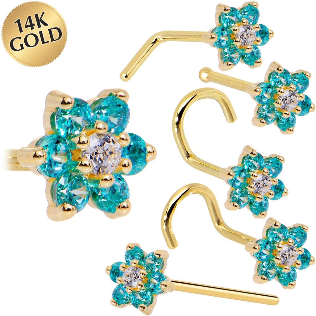 BodyCandy Solid 14K Yellow Gold Mint Green and Clear Cubic Zirconia Flower Nose Ring — main product shot