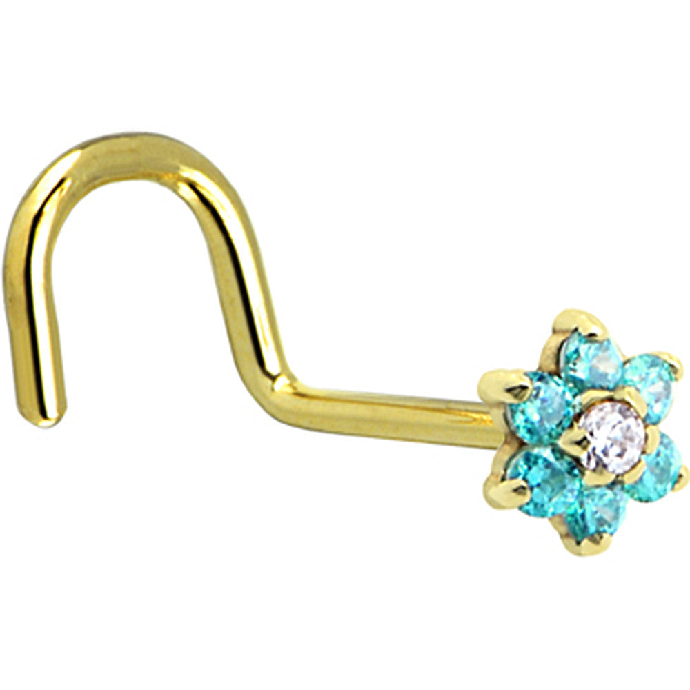 BodyCandy Solid 14K Yellow Gold Mint Green and Clear Cubic Zirconia Flower Nose Ring — detail close-up