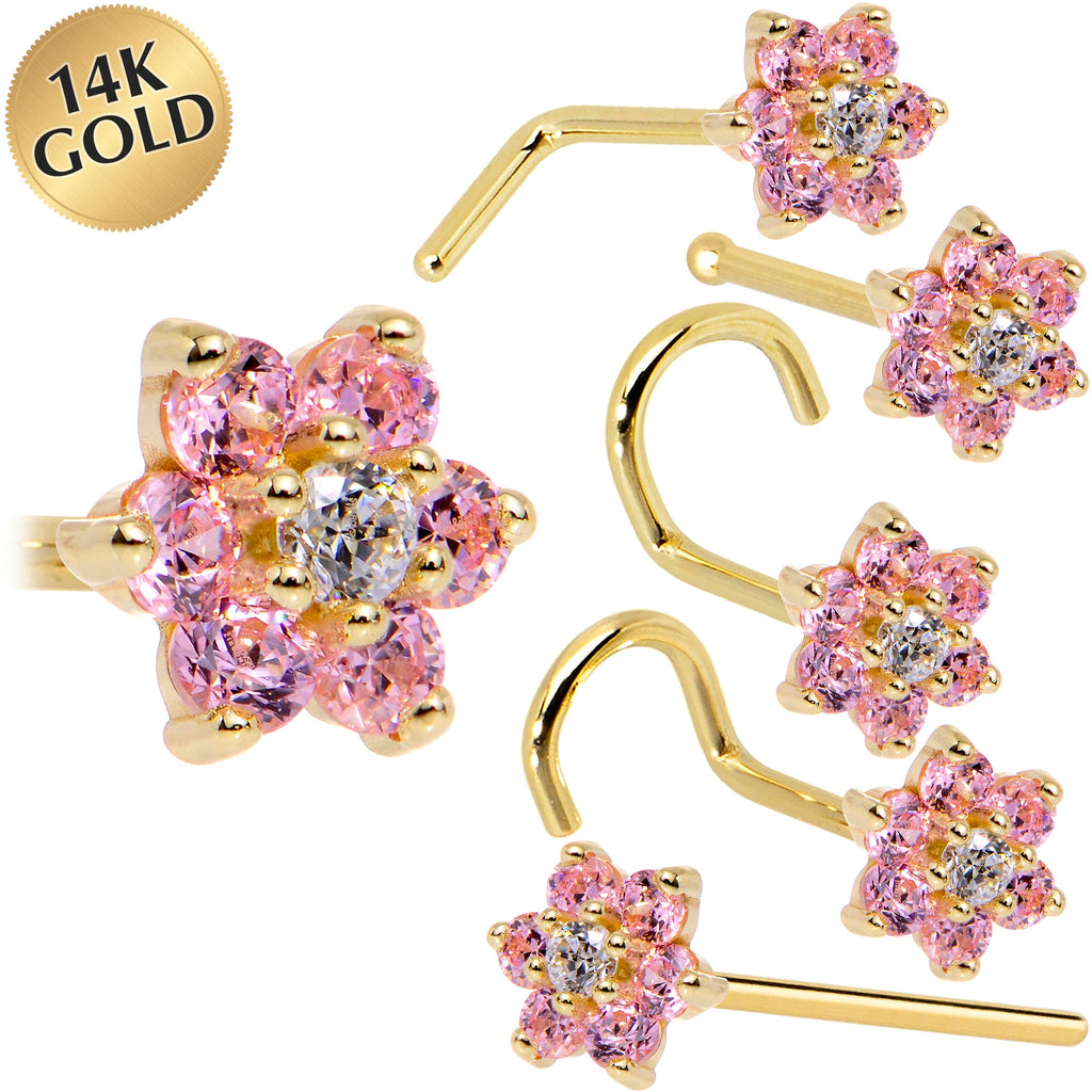 BodyCandy Solid 14K Yellow Gold Pink and Clear Cubic Zirconia Flower Nose Ring — main product shot