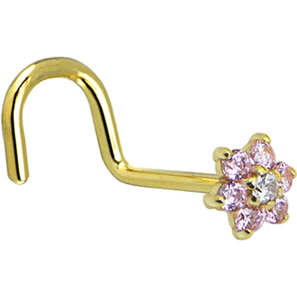 BodyCandy Solid 14K Yellow Gold Pink and Clear Cubic Zirconia Flower Nose Ring — detail close-up
