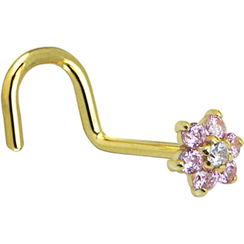 BodyCandy Solid 14K Yellow Gold Pink and Clear Cubic Zirconia Flower Nose Ring — detail close-up