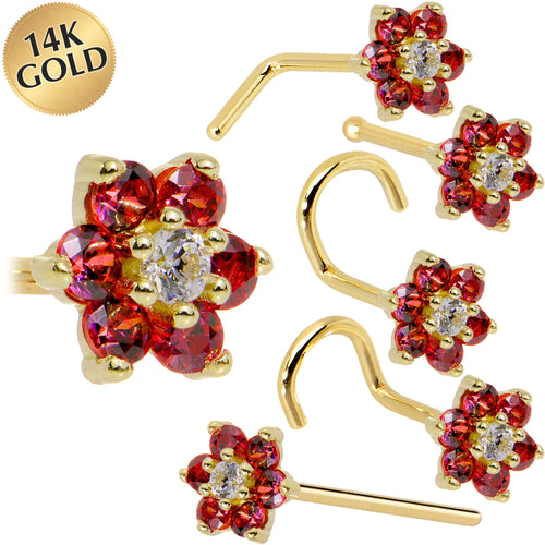 BodyCandy Solid 14K Yellow Gold Red and Clear Cubic Zirconia Flower Nose Ring — main product shot