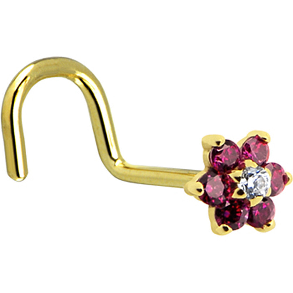 BodyCandy Solid 14K Yellow Gold Red and Clear Cubic Zirconia Flower Nose Ring — lifestyle context