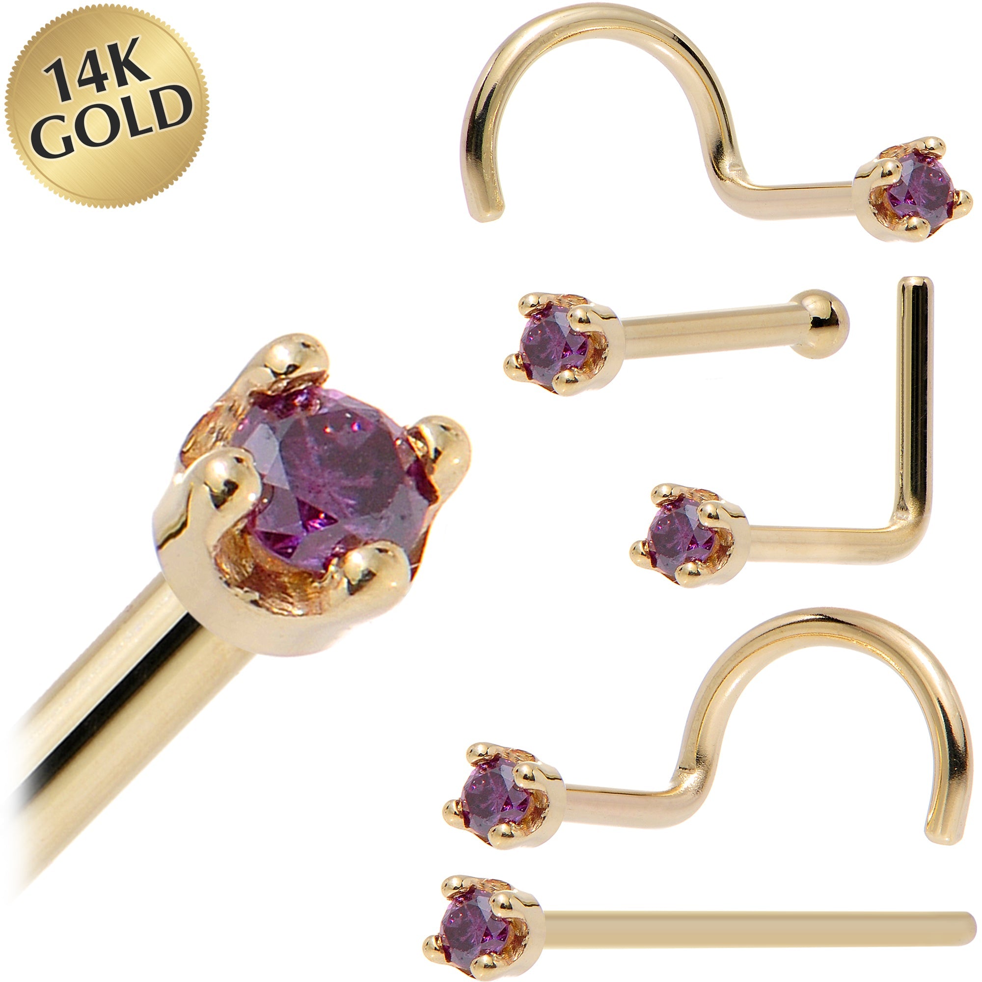 BodyCandy Solid 14K Yellow Gold 1.5mm Genuine Purple Diamond Nose Ring — main product shot
