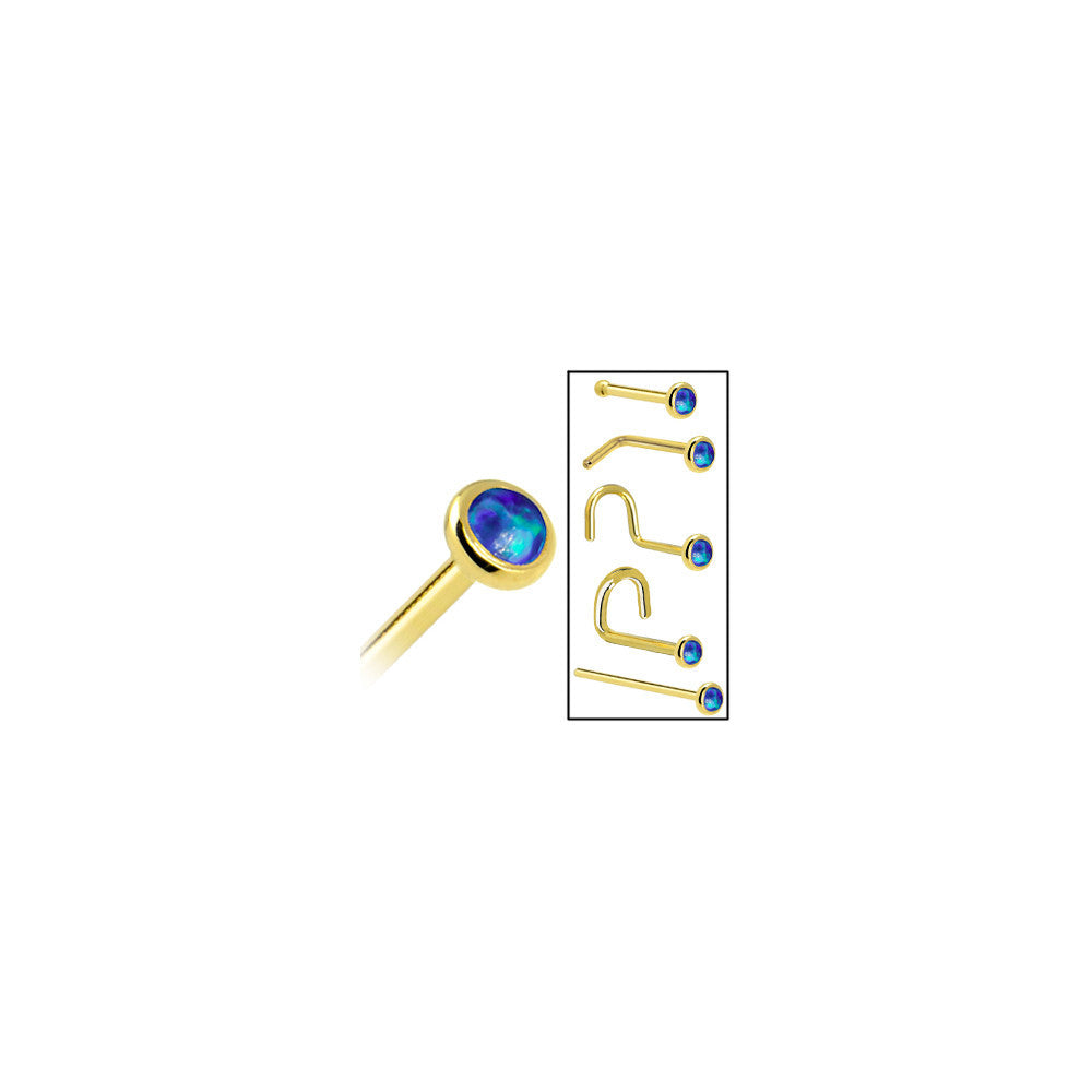 BodyCandy Solid 14K Yellow Gold 2mm Dark Blue Synthetic Opal Nose Ring — in-use photo