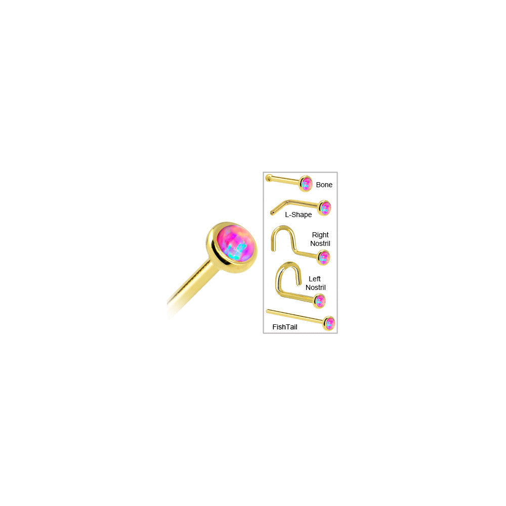 BodyCandy Solid 14K Yellow Gold 2mm Fuchsia Synthetic Opal Nose Ring — in-use photo