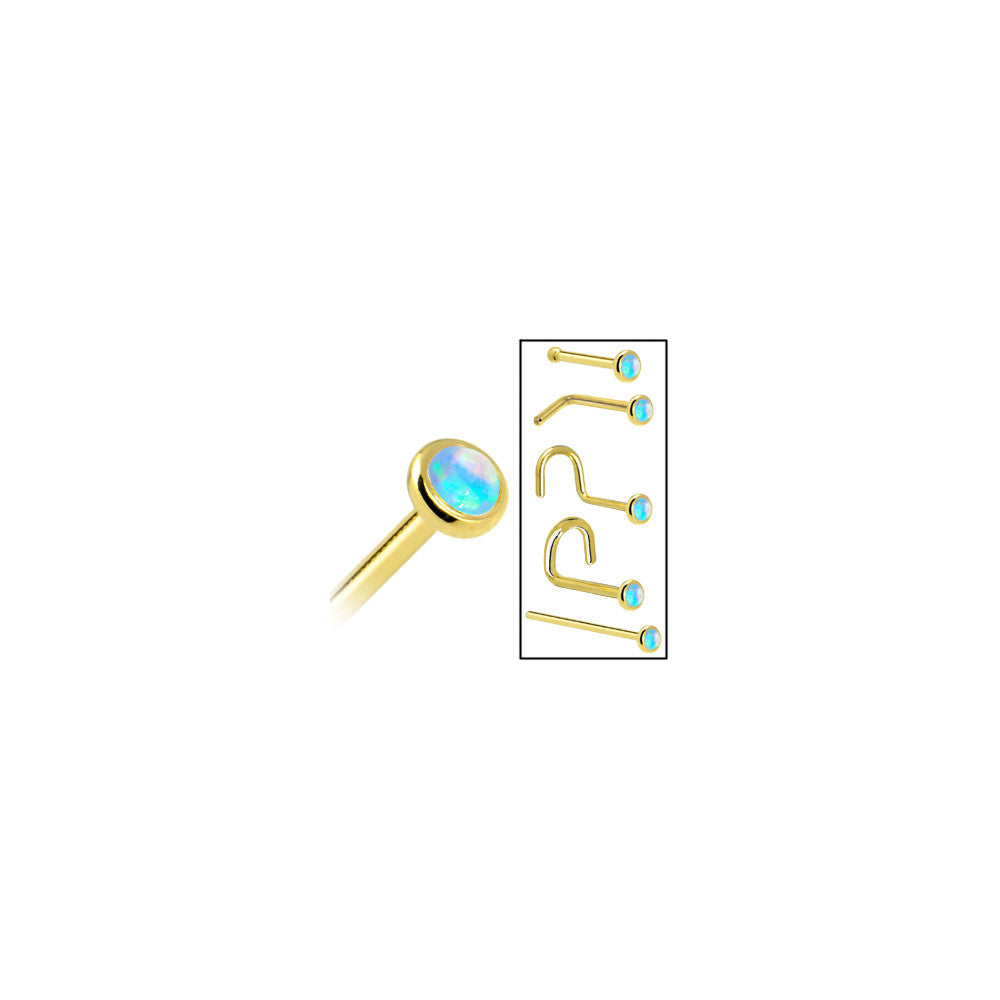 BodyCandy Solid 14K Yellow Gold 2mm Light Blue Synthetic Opal Nose Ring — in-use photo