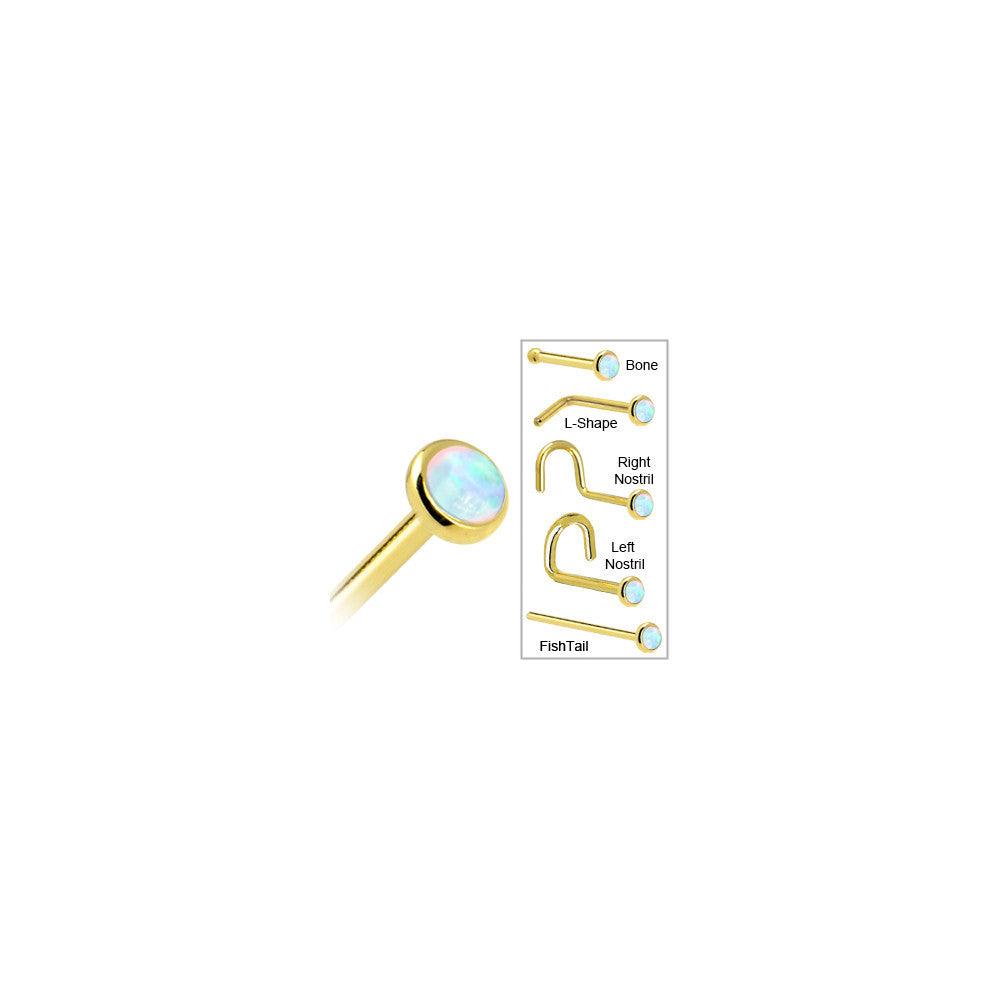 BodyCandy Solid 14K Yellow Gold 2mm Synthetic Opal Nose Ring — in-use photo