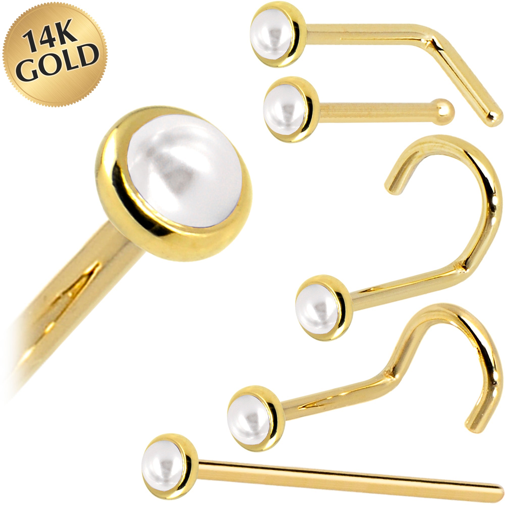 BodyCandy Solid 14K Yellow Gold 2mm Cultured Pearl Nose Ring — main product shot