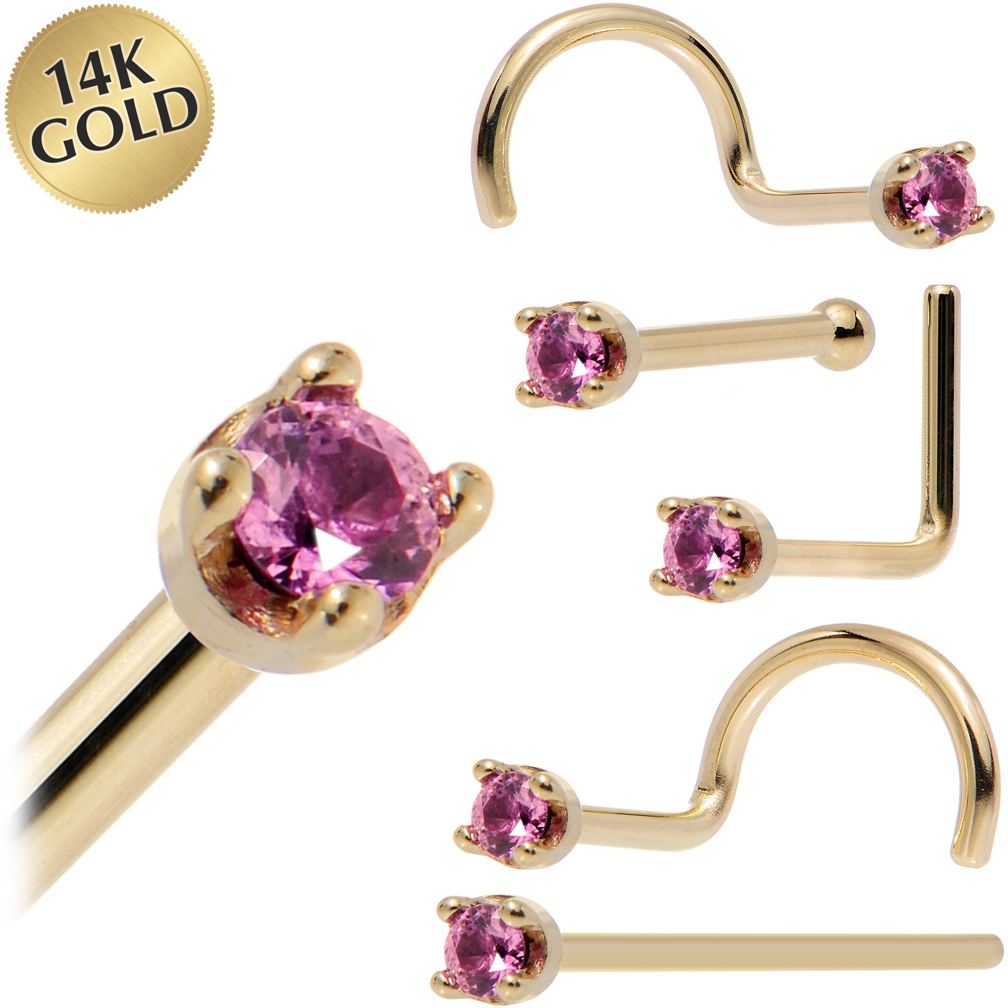 BodyCandy Solid 14K Yellow Gold 1.5mm Genuine Pink Sapphire Nose Ring — main product shot