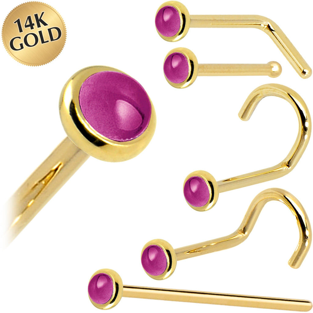 BodyCandy Solid 14K Yellow Gold 2mm Genuine Pink Garnet Nose Ring — main product shot