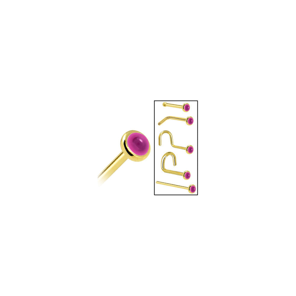 BodyCandy Solid 14K Yellow Gold 2mm Genuine Pink Garnet Nose Ring — in-use photo