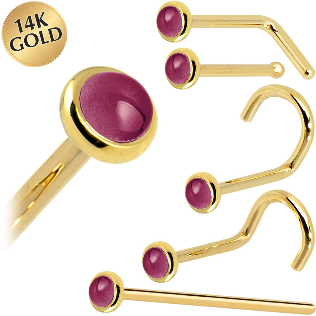 BodyCandy Solid 14K Yellow Gold 2mm Genuine Raspberry Rhodolite Garnet Nose Ring — main product shot