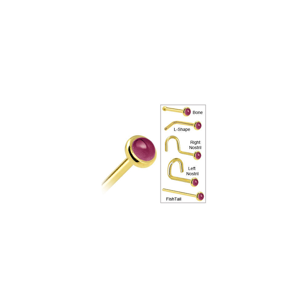 BodyCandy Solid 14K Yellow Gold 2mm Genuine Raspberry Rhodolite Garnet Nose Ring — in-use photo