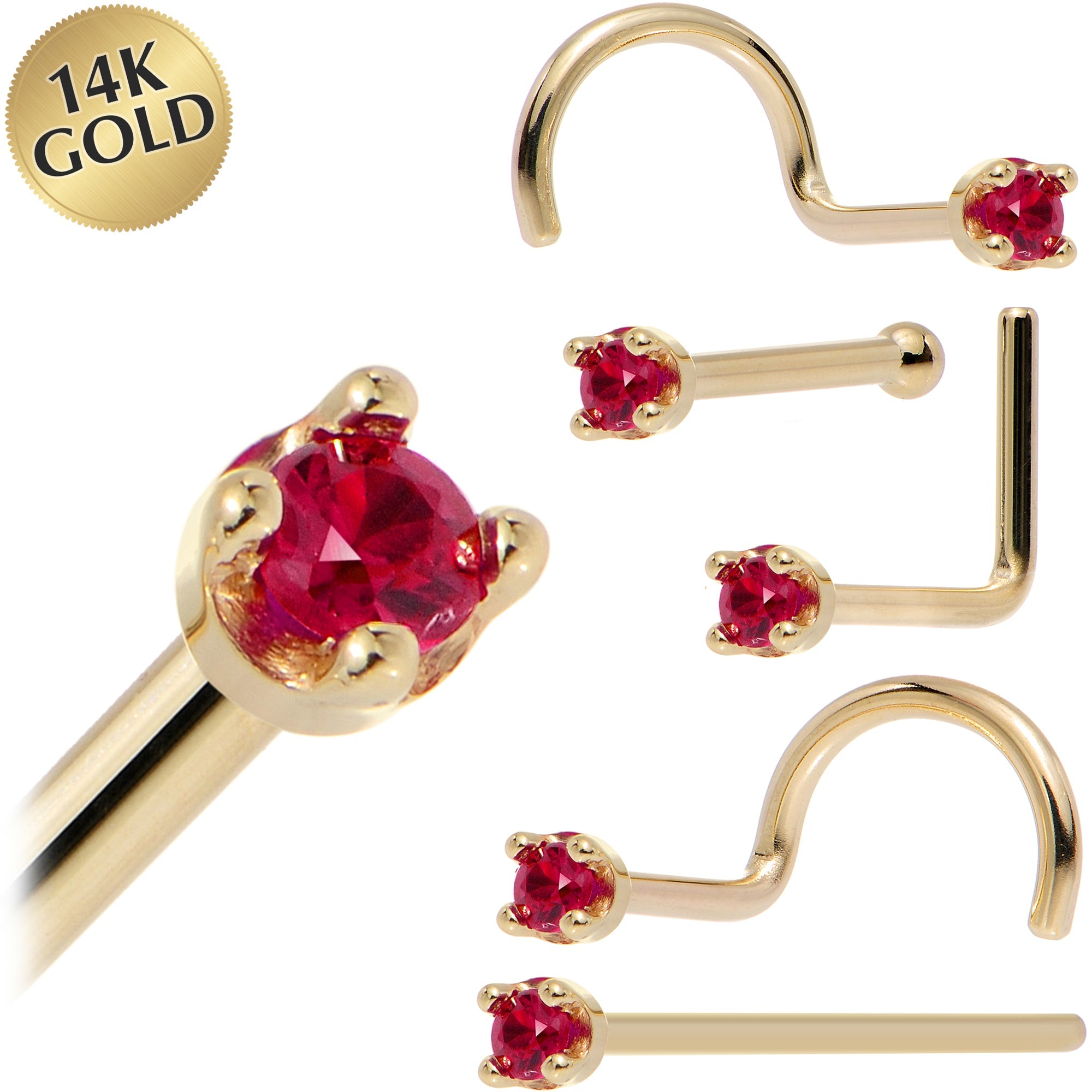 BodyCandy Solid 14K Yellow Gold 1.5mm Diamond Cut Genuine Ruby Nose Ring — main product shot