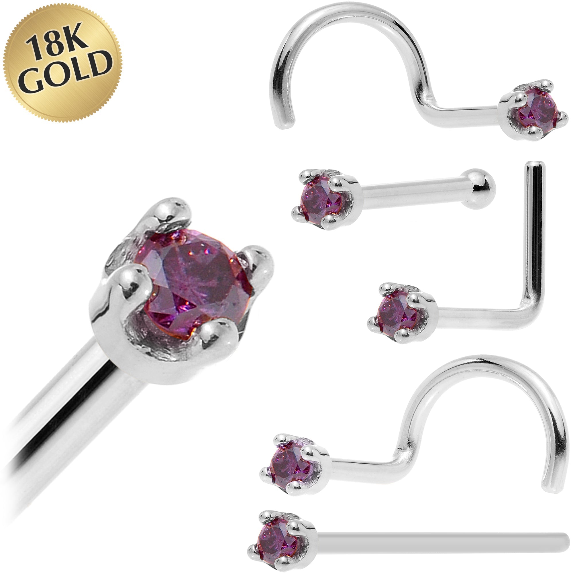 BodyCandy Solid 18K White Gold 1.5mm Genuine Purple Diamond Nose Ring — main product shot