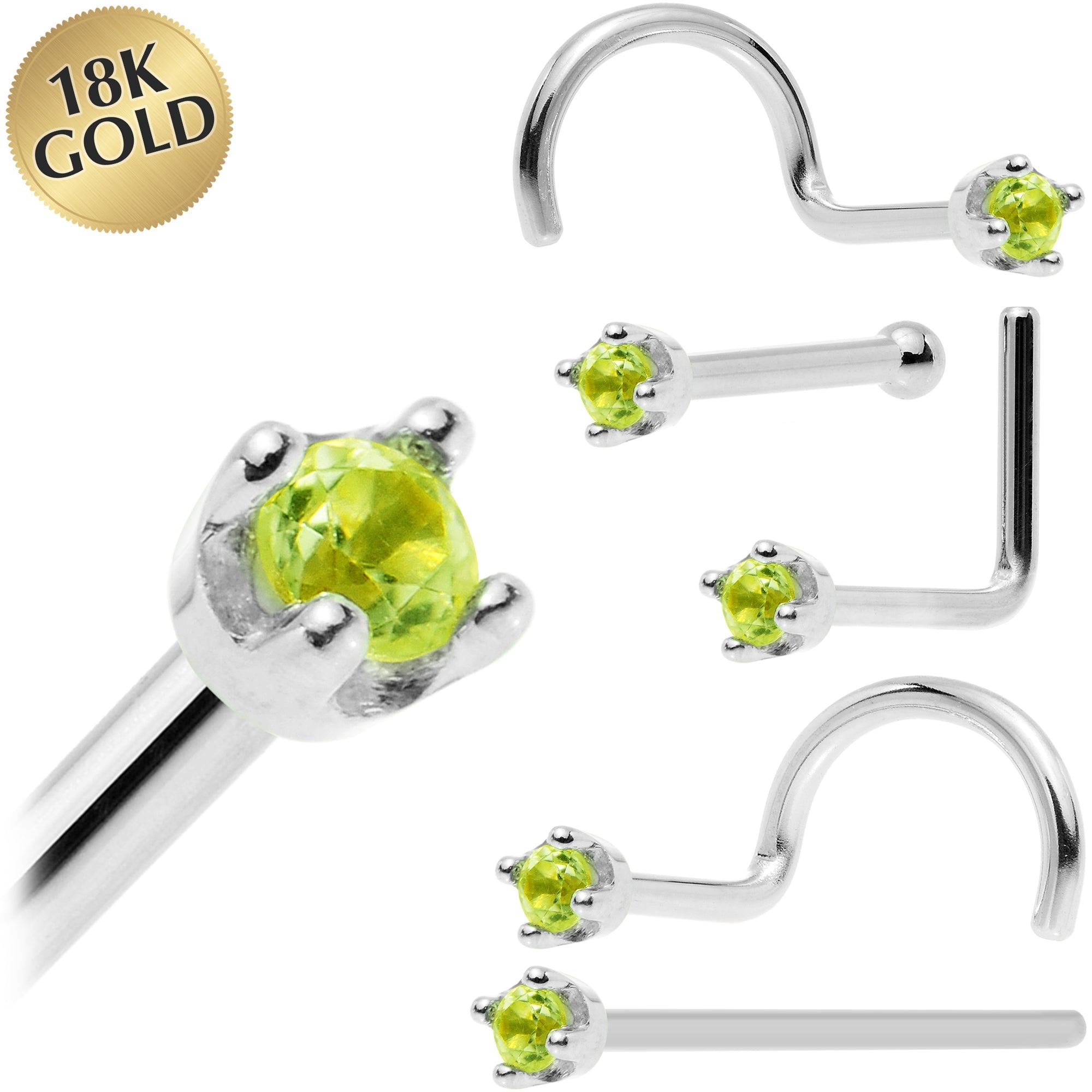 BodyCandy Solid 18K White Gold 1.5mm Genuine Peridot Nose Ring — main product shot