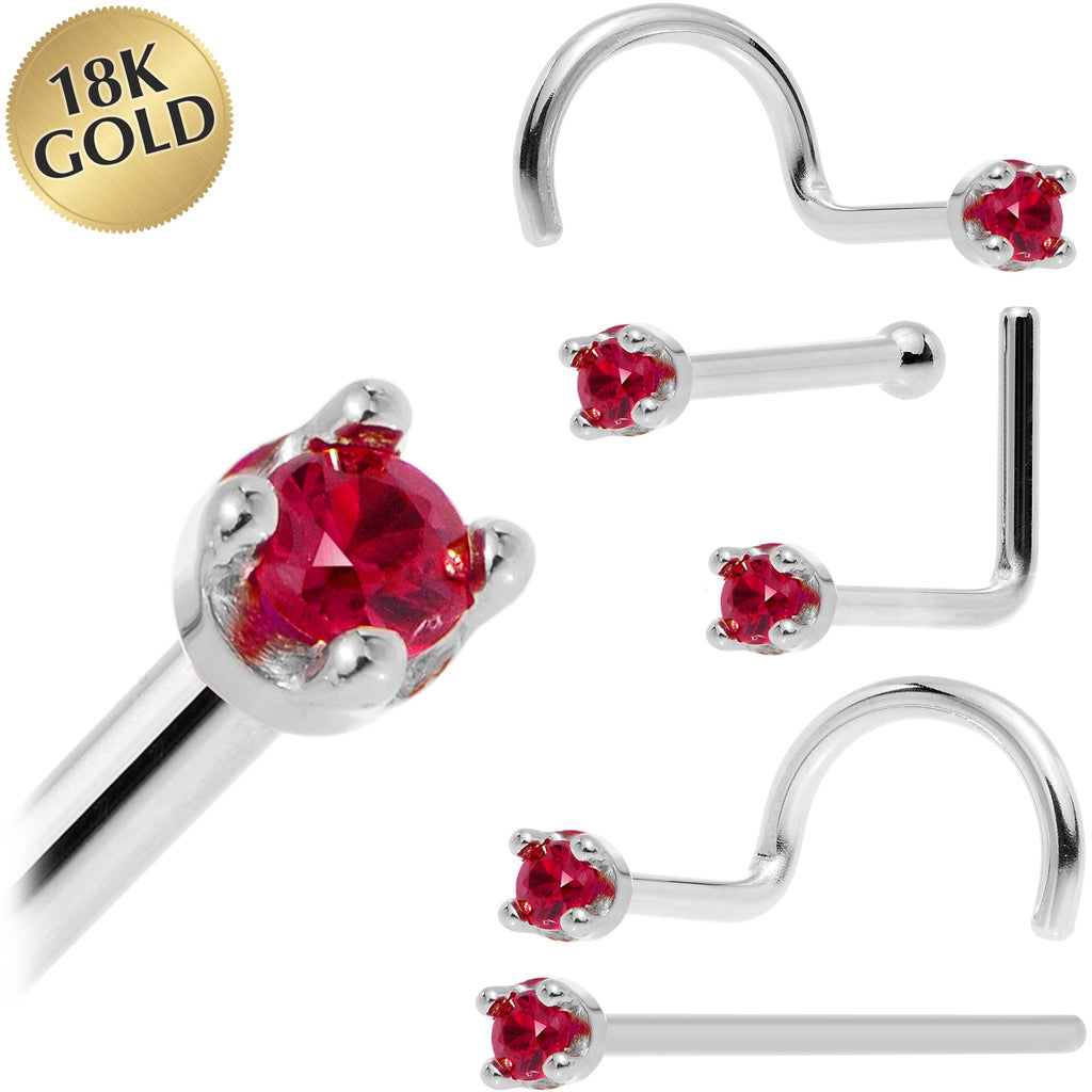 BodyCandy Solid 18K White Gold 1.5mm Diamond Cut Genuine Ruby Nose Ring — main product shot