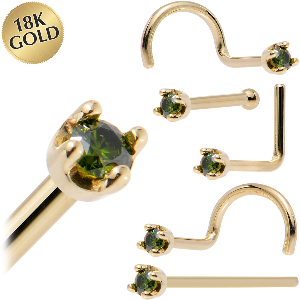 BodyCandy Solid 18K Yellow Gold 1.5mm Genuine Green Diamond Nose Ring — main product shot