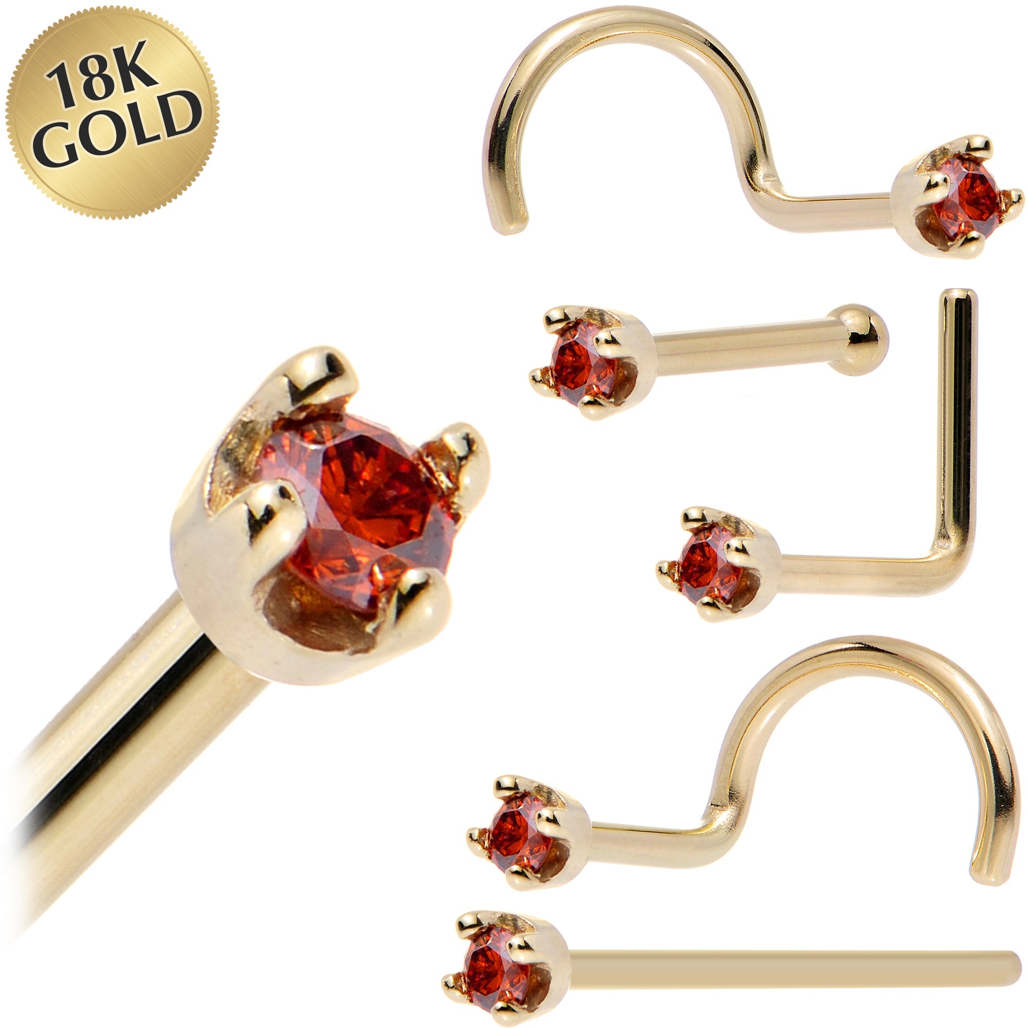 BodyCandy Solid 18K Yellow Gold 1.5mm Genuine Red Diamond Nose Ring — main product shot