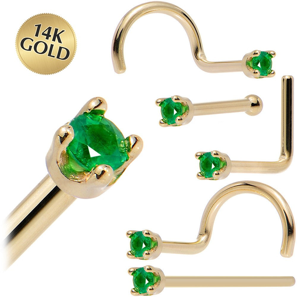 BodyCandy Solid 14K Yellow Gold 1.5mm Genuine Emerald Nose Ring — main product shot