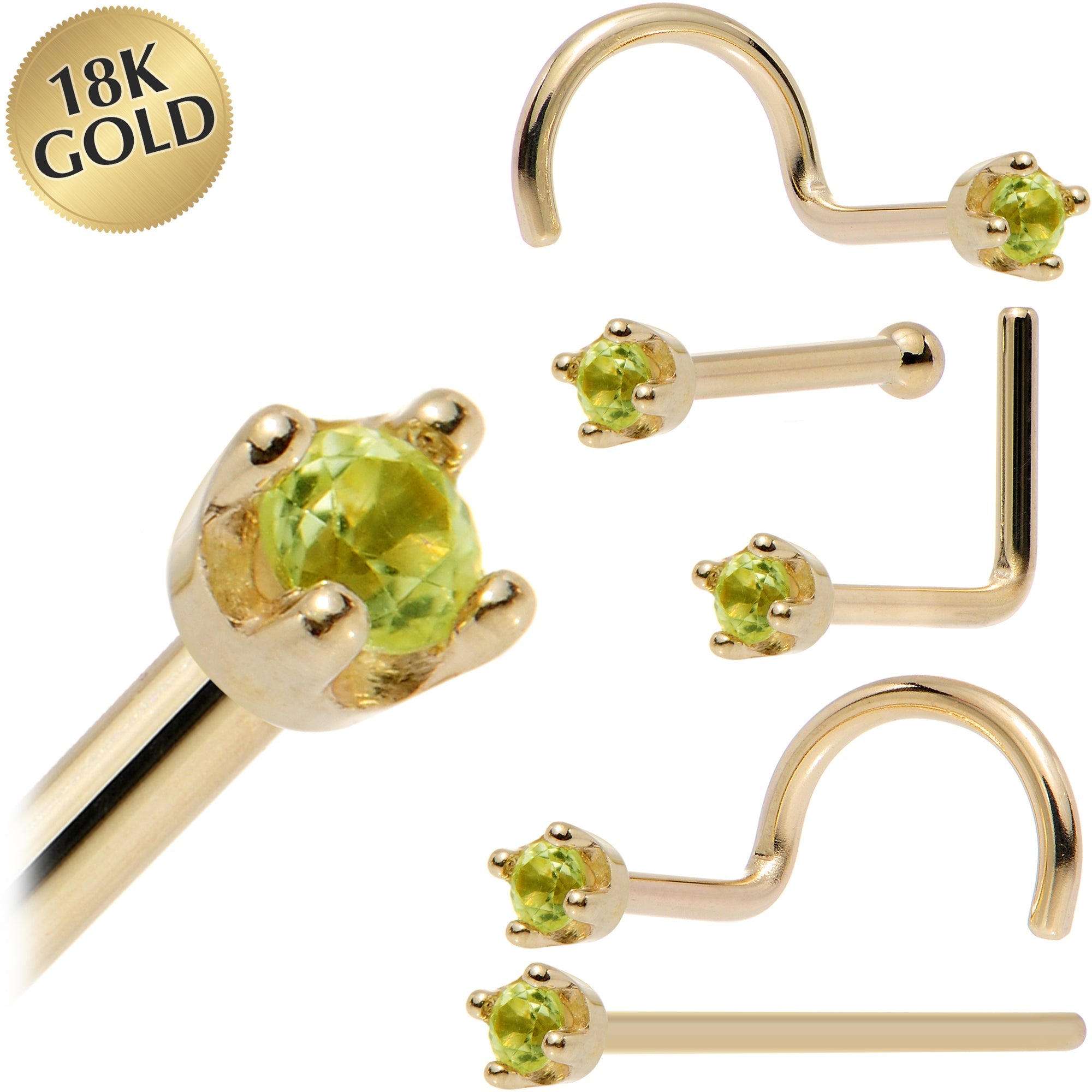 BodyCandy Solid 18K Yellow Gold 1.5mm Genuine Peridot Nose Ring — main product shot