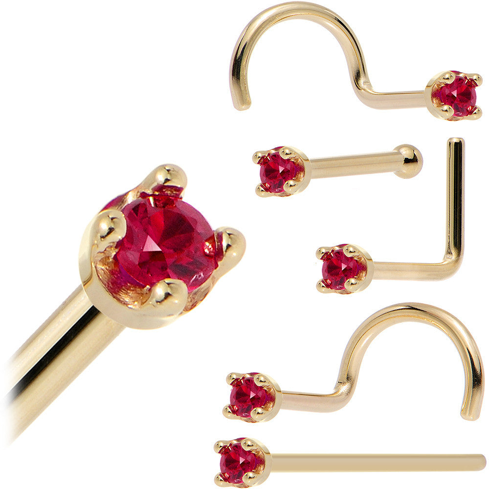 BodyCandy Solid 14K Yellow Gold 1.5mm Diamond Cut Genuine Ruby Nose Ring — detail close-up
