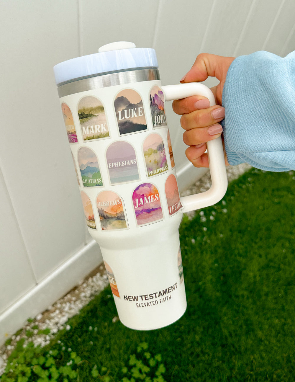 Elevated Faith NT Bible Checklist 40 oz Tumbler — detail close-up