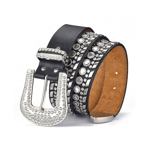 Rhinestone Belt Store Black Strap Kippy Cowboy Rhinestone Belt — detail close-up