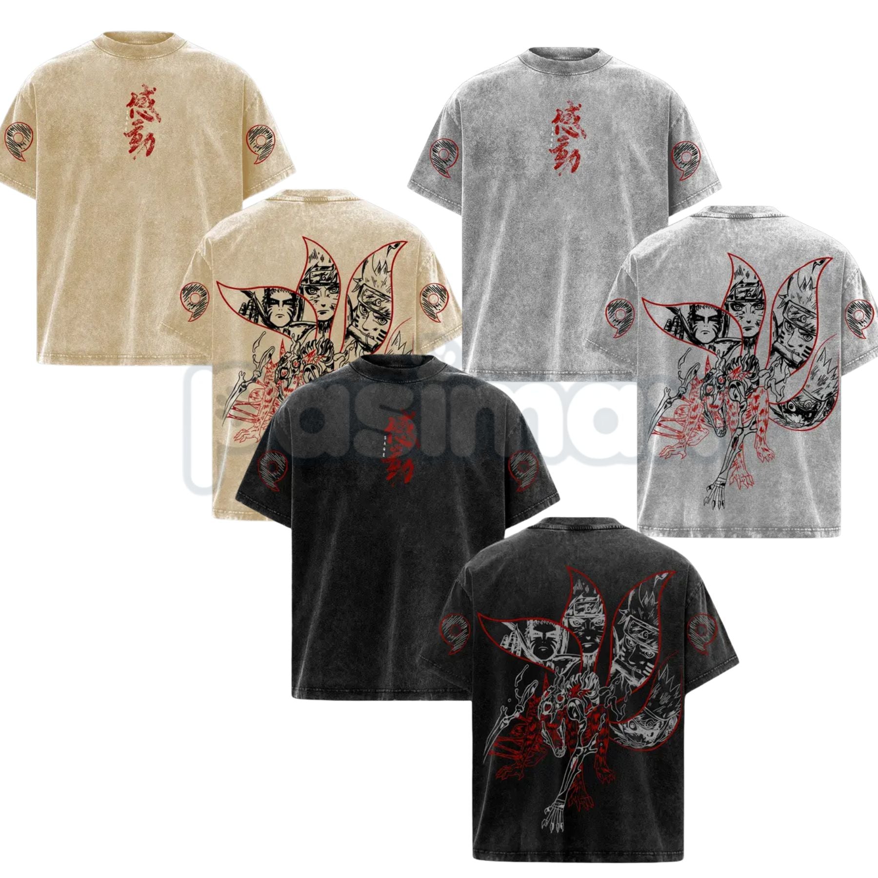 Pasimax Naruto Kurama Sharingan T-Shirt – Vintage Washed Oversized Anime Tee, Nine-Tails Fox Graphic — main product shot