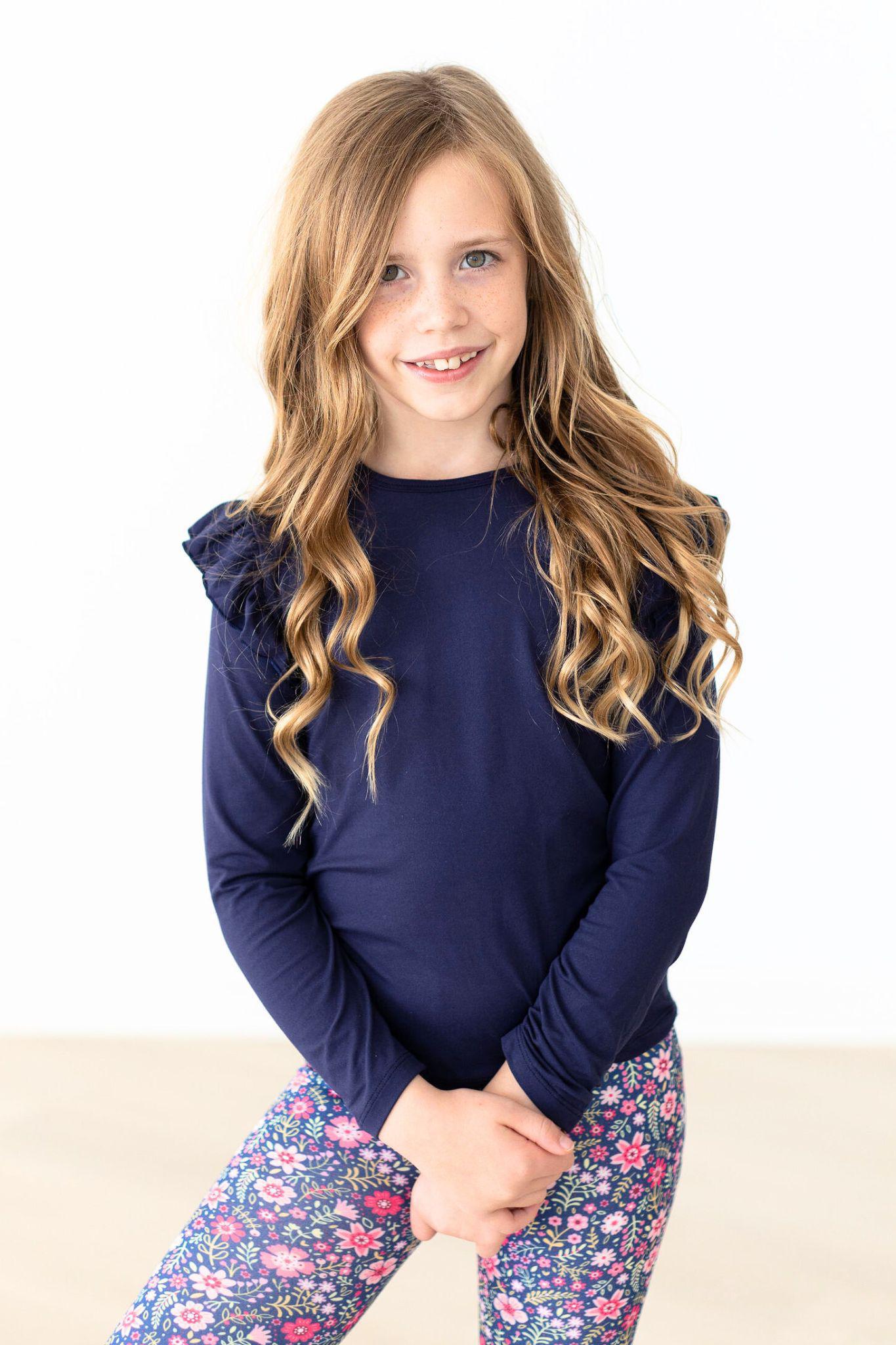 Mila & Rose ® Navy L/S Ruffle Tee — detail close-up