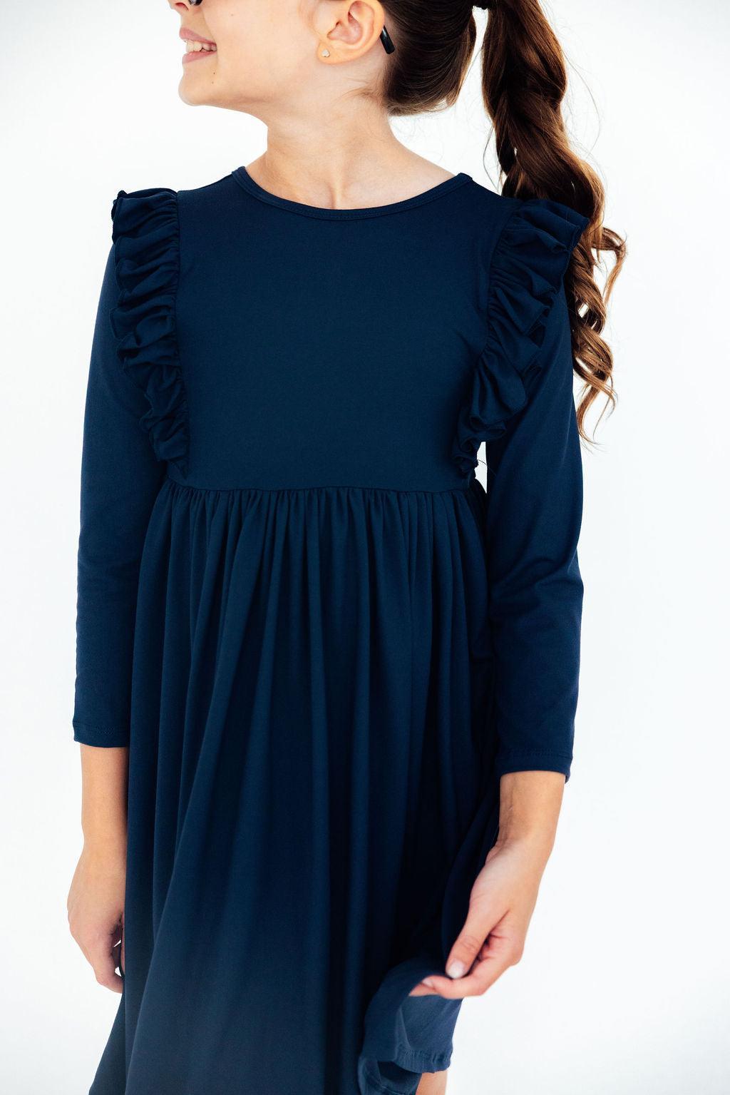 Mila & Rose ® Navy L/S Ruffle Twirl Dress — detail close-up