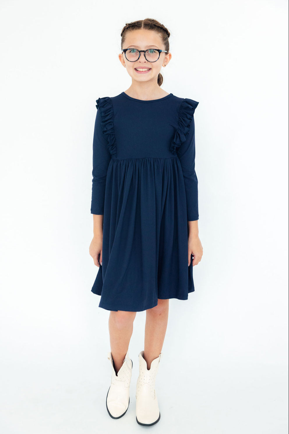 Mila & Rose ® Navy L/S Ruffle Twirl Dress — lifestyle context