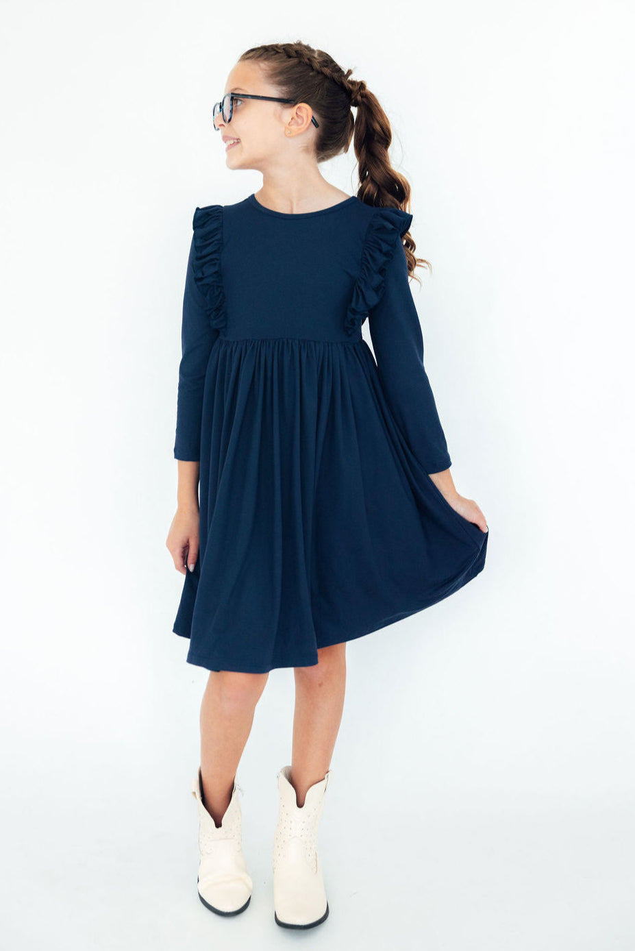 Mila & Rose ® Navy L/S Ruffle Twirl Dress — side view