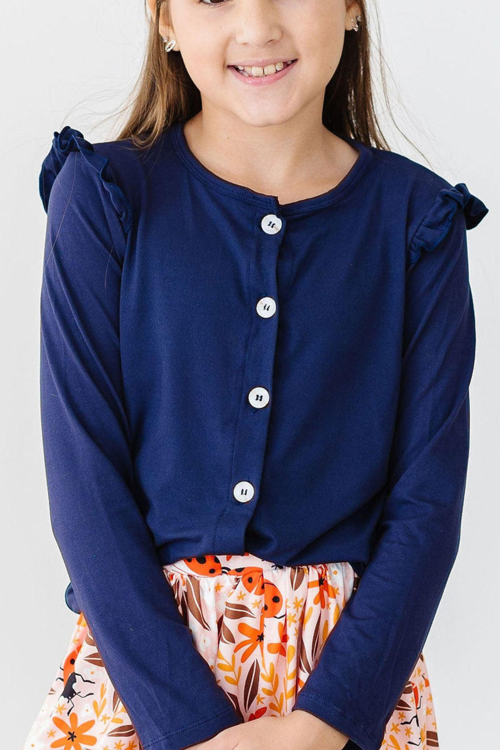 Mila & Rose ® Navy Ruffle Cardigan — detail close-up