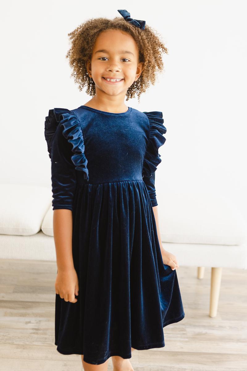 Mila & Rose ® Navy Velvet Ruffle Twirl Dress — main product shot