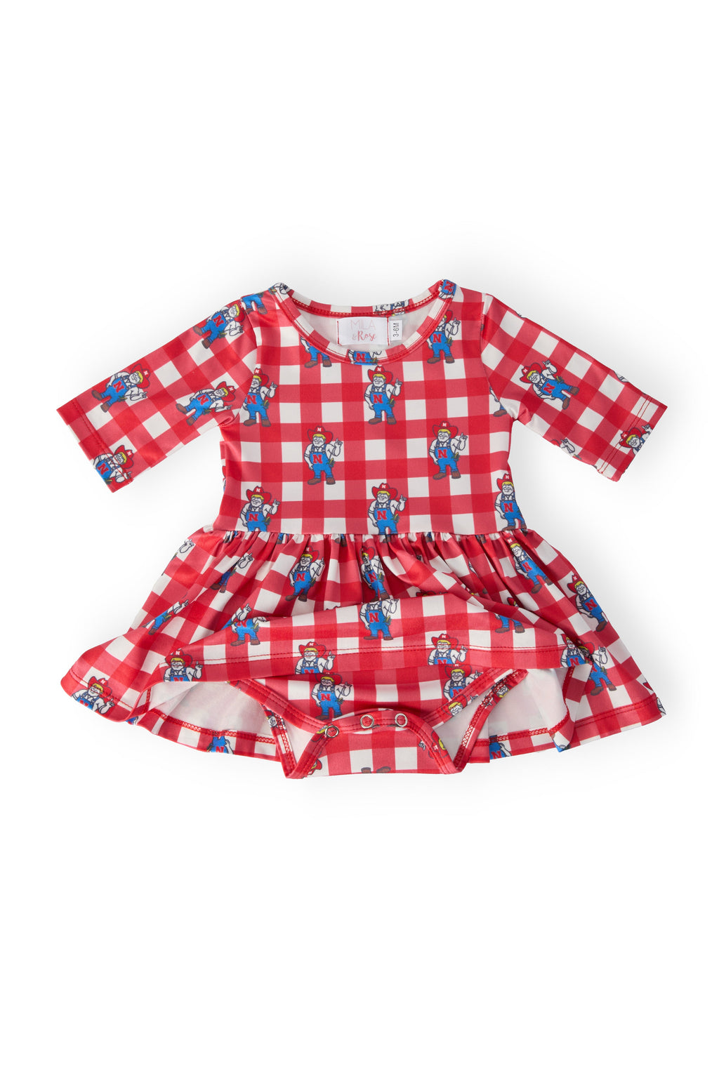 Mila & Rose ® Nebraska Plaid Herbie Husker 3/4 Sleeve Twirl Bodysuit — detail close-up