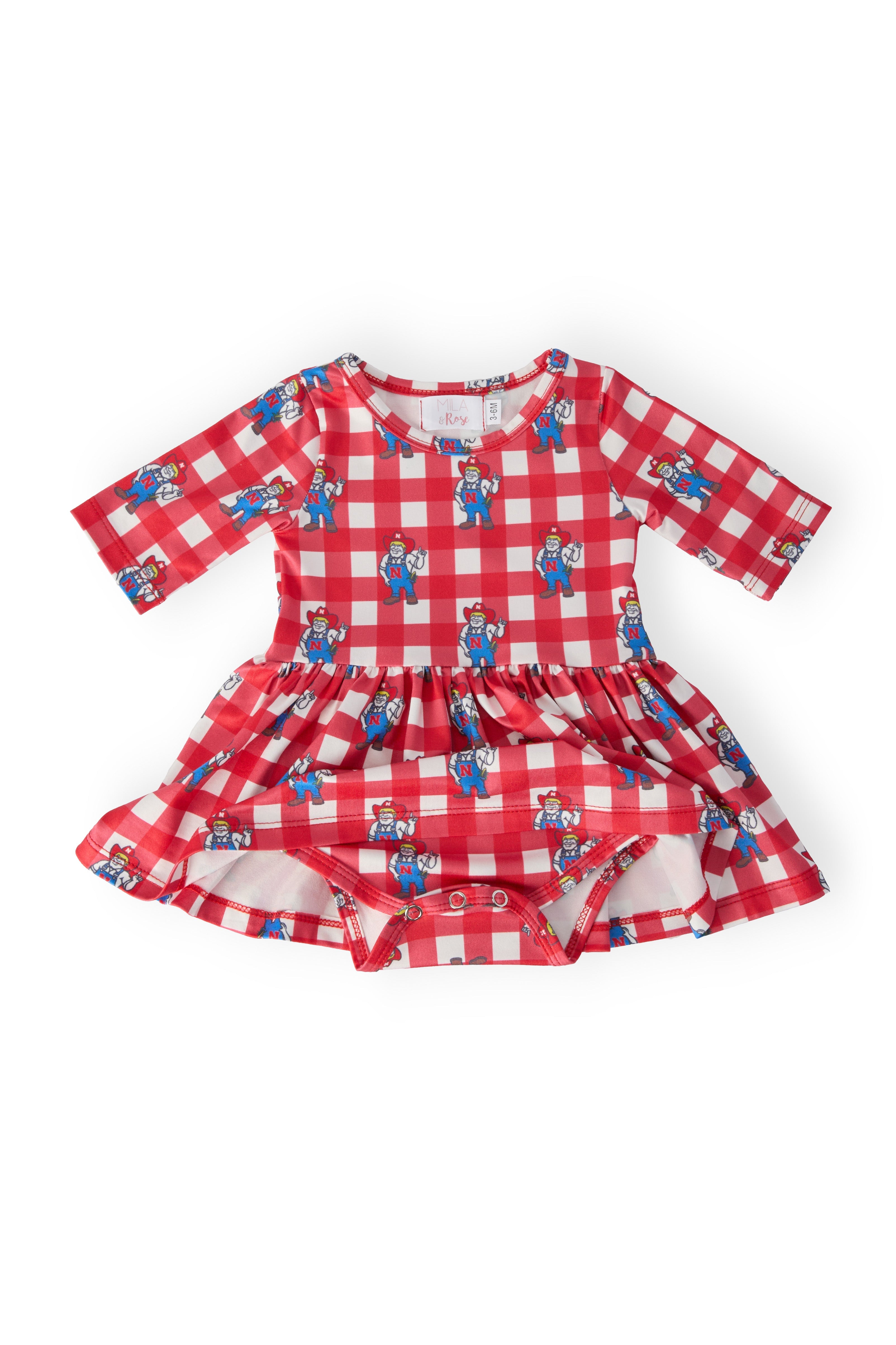 Mila & Rose ® Nebraska Plaid Herbie Husker 3/4 Sleeve Twirl Bodysuit — detail close-up