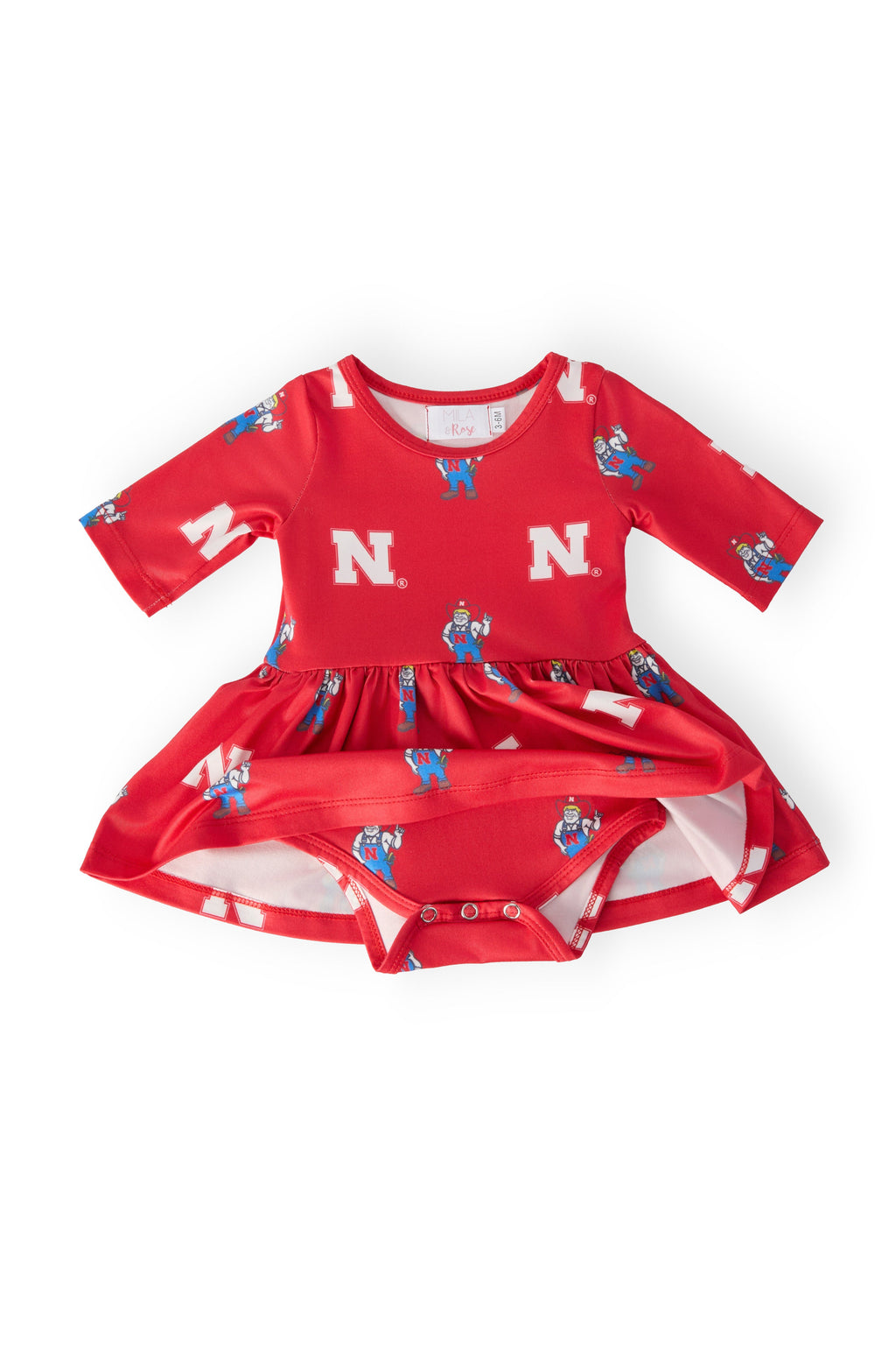 Mila & Rose ® Nebraska Red Herbie Husker 3/4 Sleeve Twirl Bodysuit — detail close-up