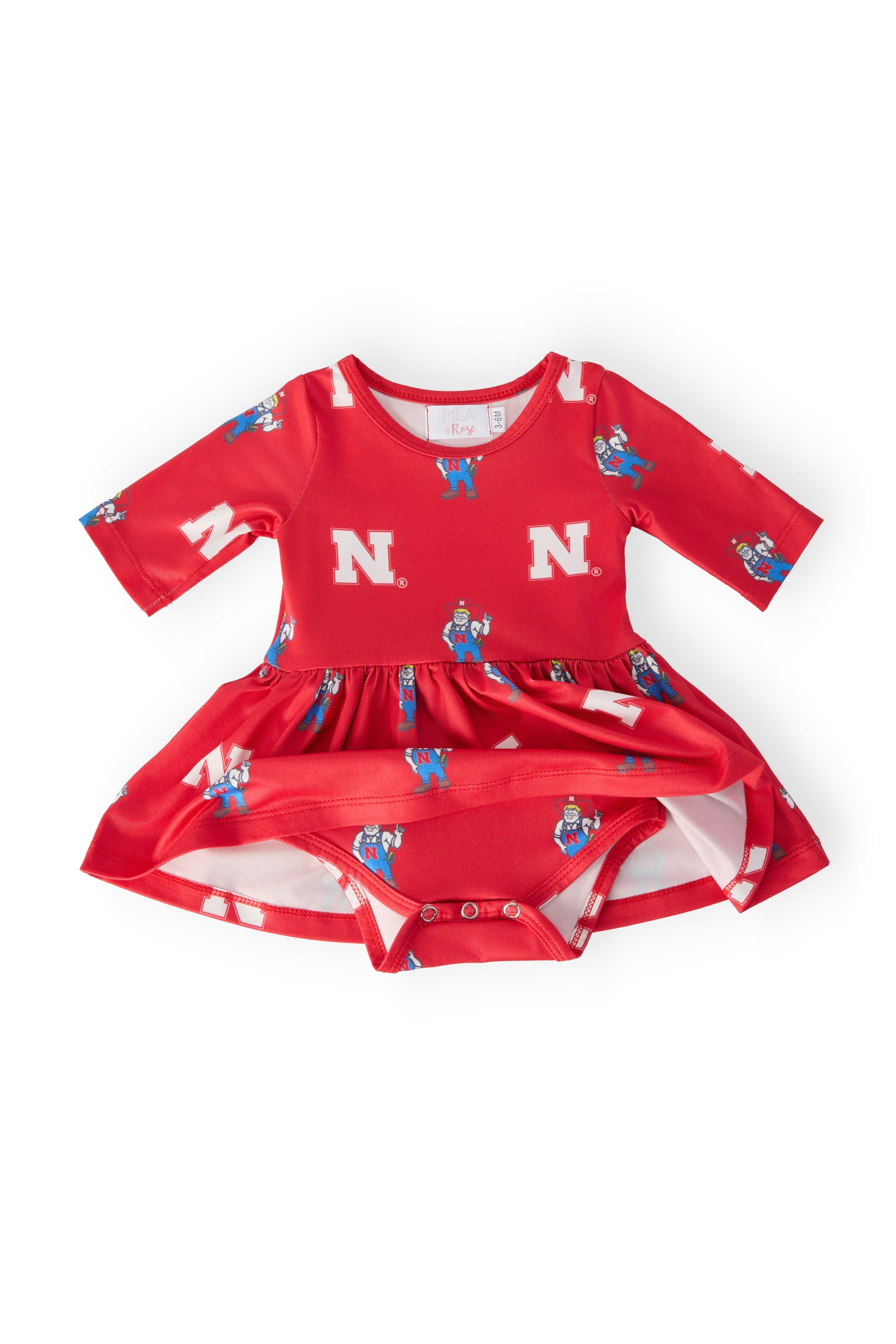 Mila & Rose ® Nebraska Red Herbie Husker 3/4 Sleeve Twirl Bodysuit — detail close-up