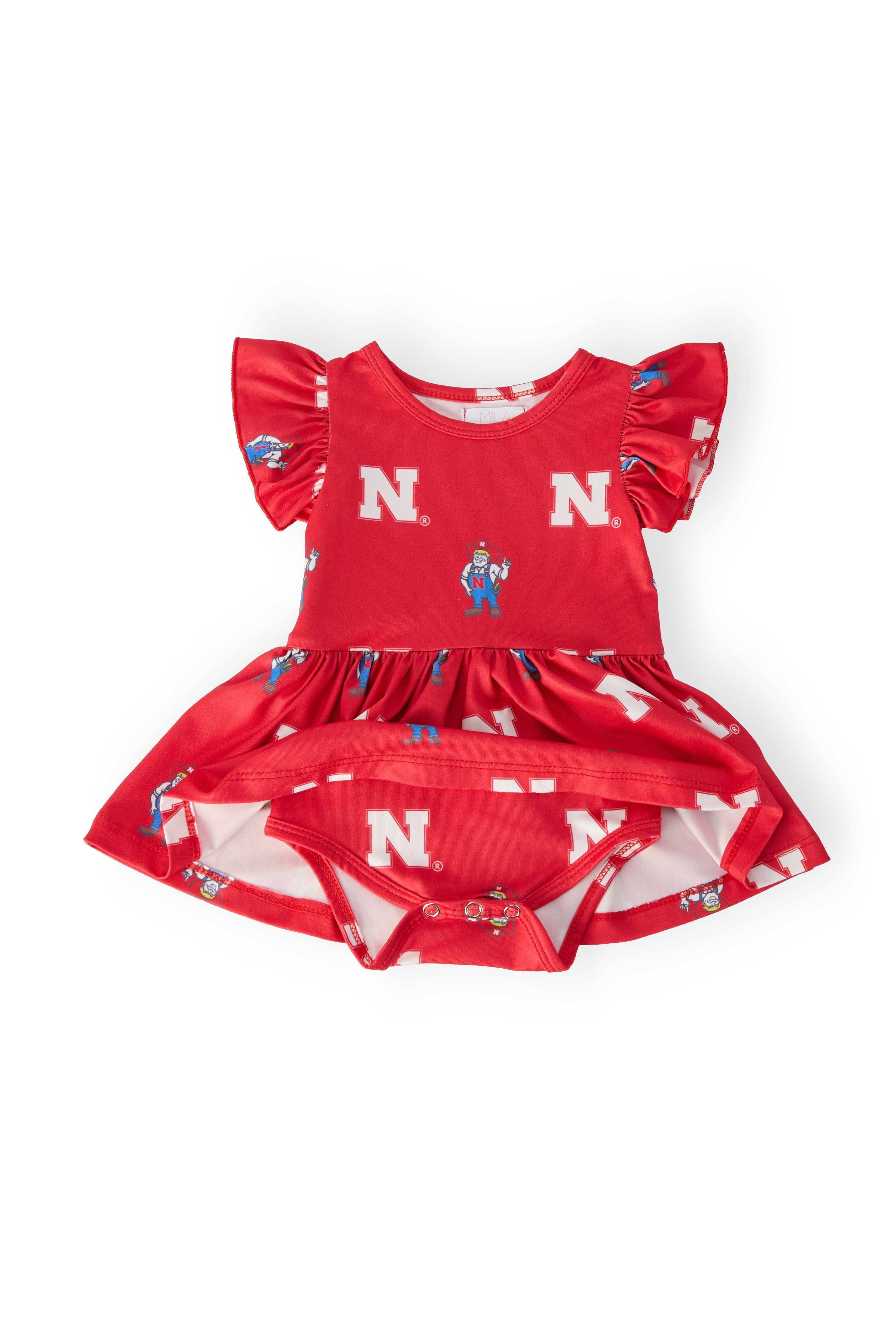 Mila & Rose ® Nebraska Red Herbie Husker Flutter Twirl Bodysuit — detail close-up