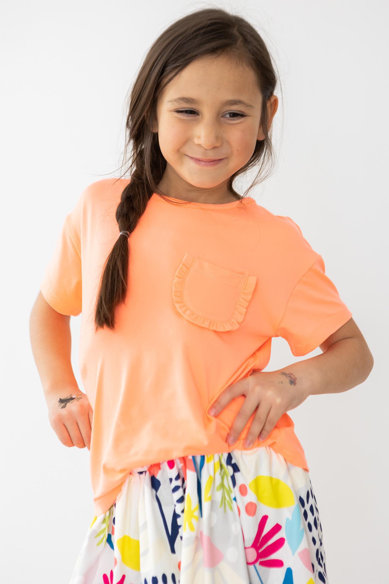 Mila & Rose ® Neon Coral Ruffle Pocket Tee — back view