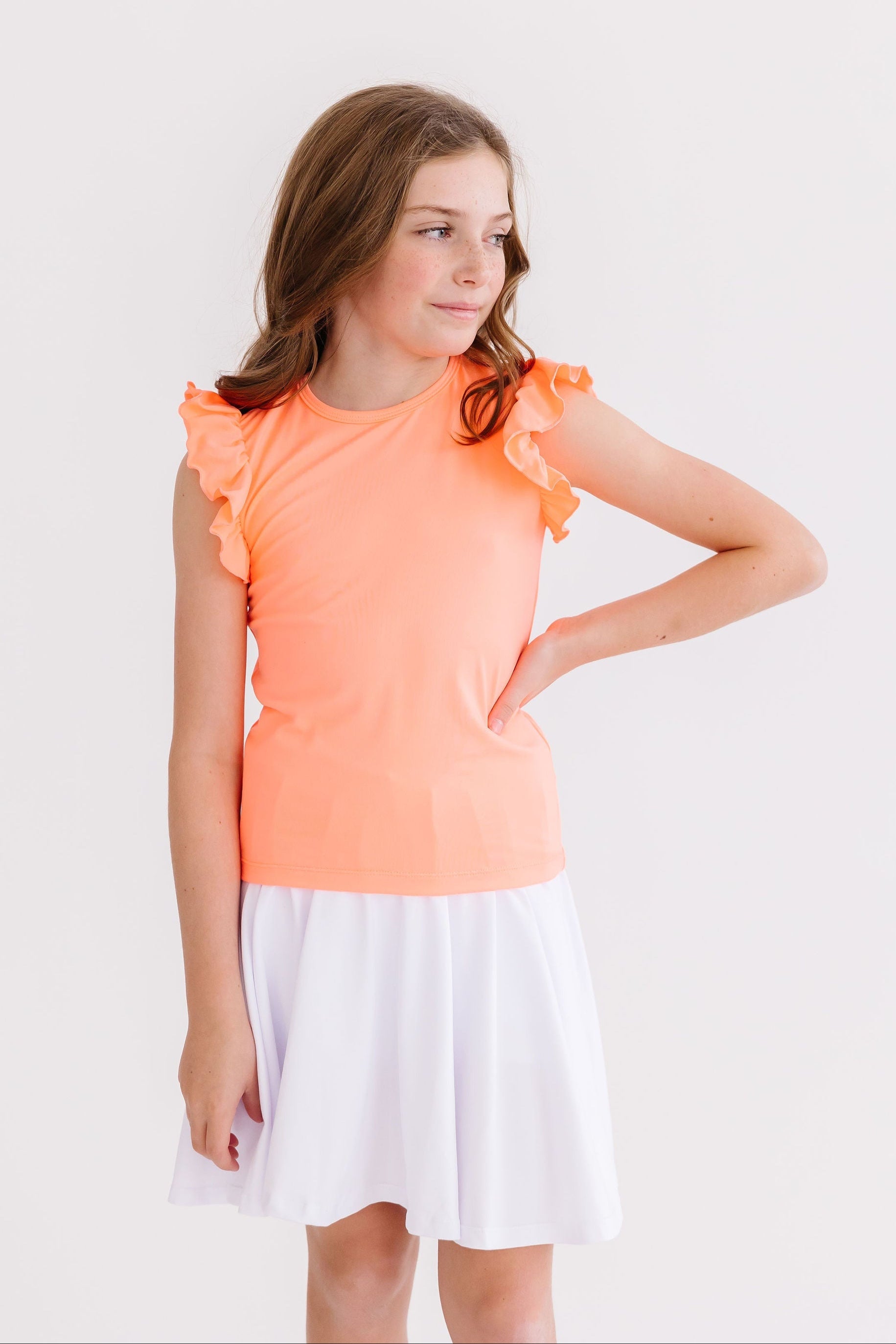 Mila & Rose ® Neon Coral S/S Ruffle Tee — side view
