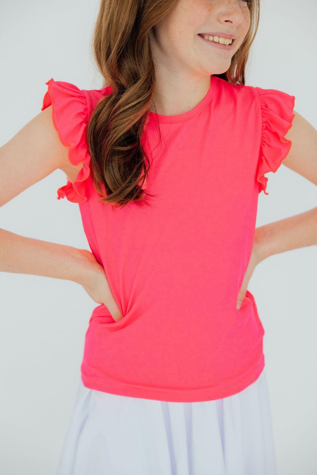 Mila & Rose ® Neon Pink S/S Ruffle Tee — detail close-up
