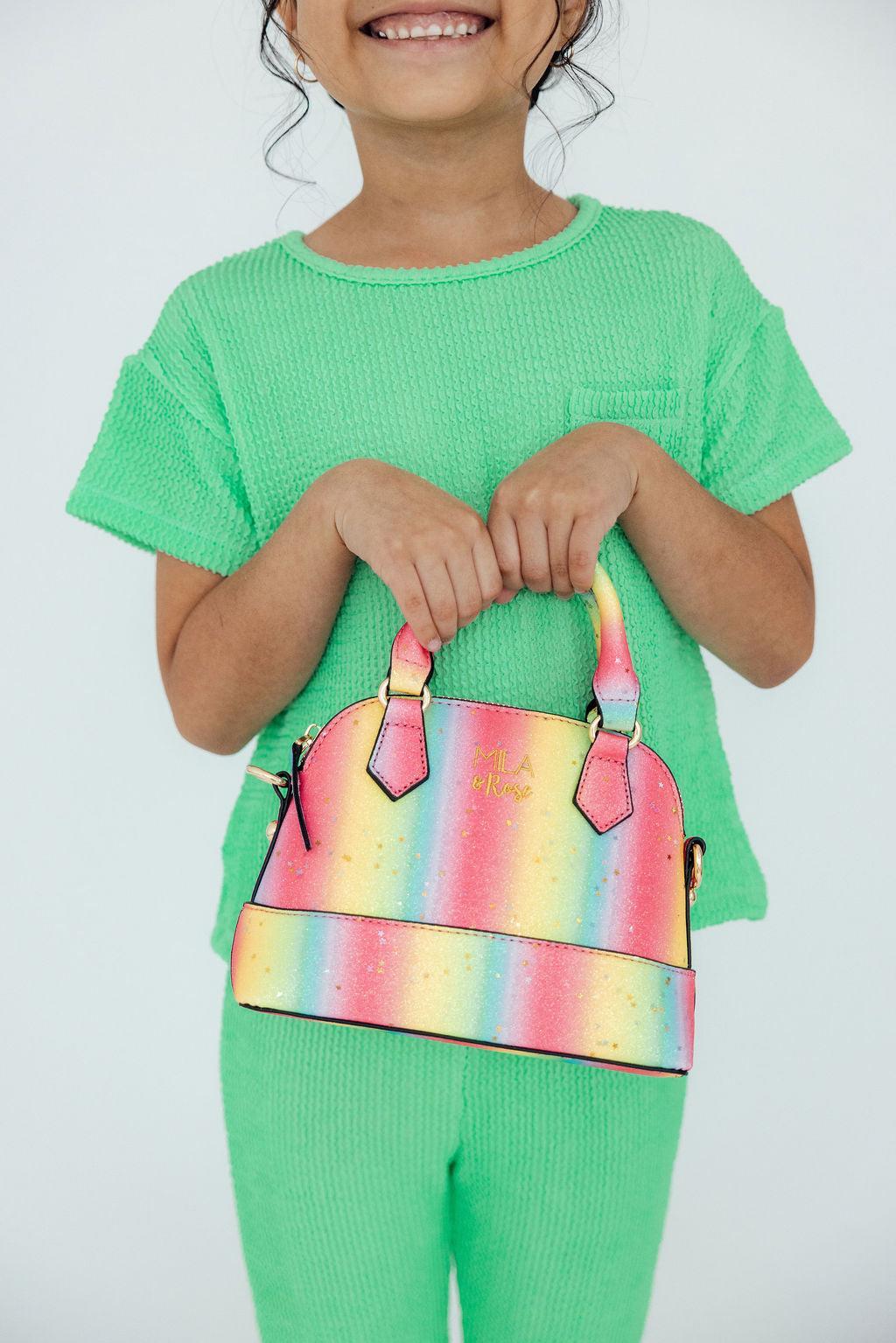 Mila & Rose ® Neon Rainbow Glitter Girl's Crossbody Purse — detail close-up