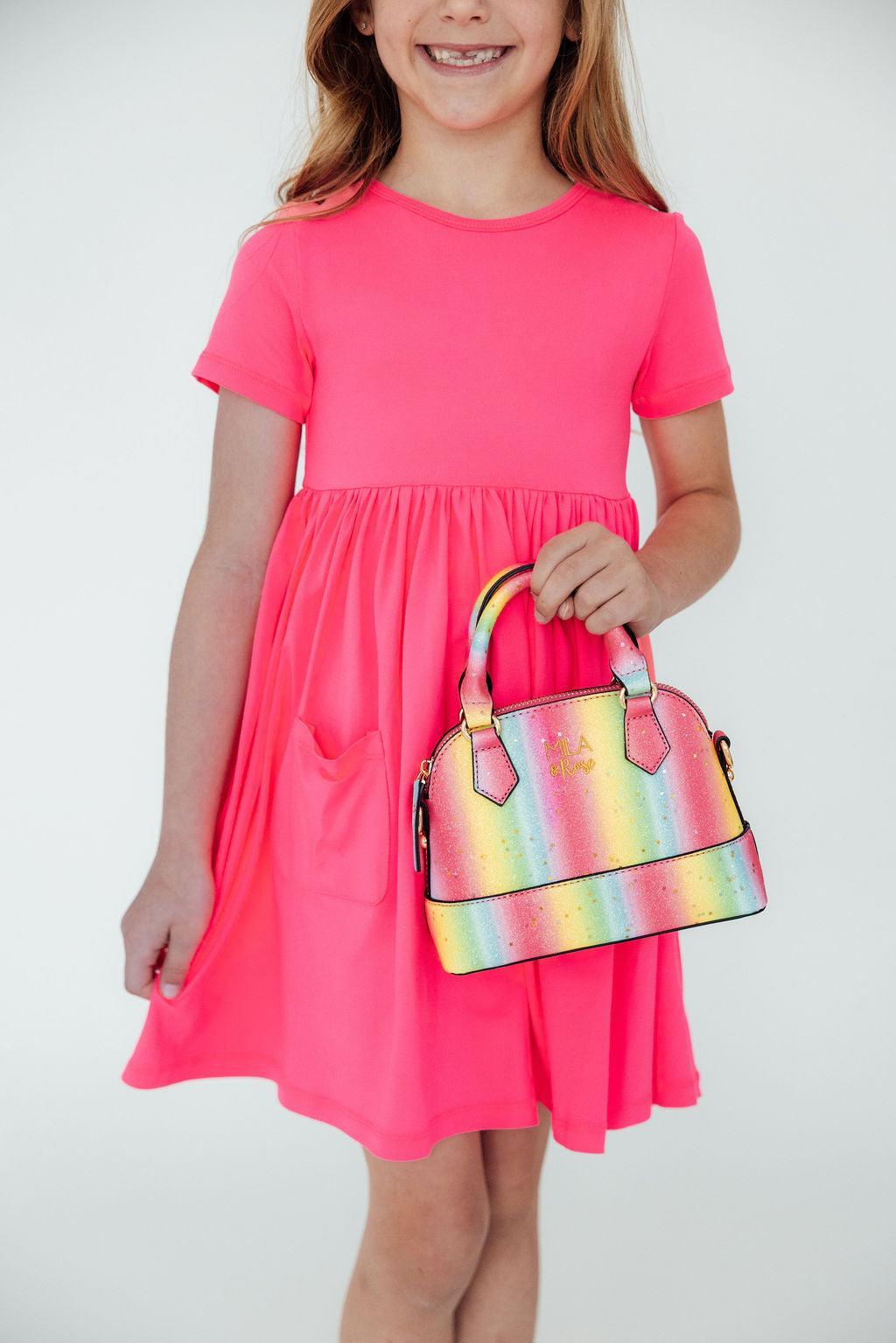 Mila & Rose ® Neon Rainbow Glitter Girl's Crossbody Purse — lifestyle context