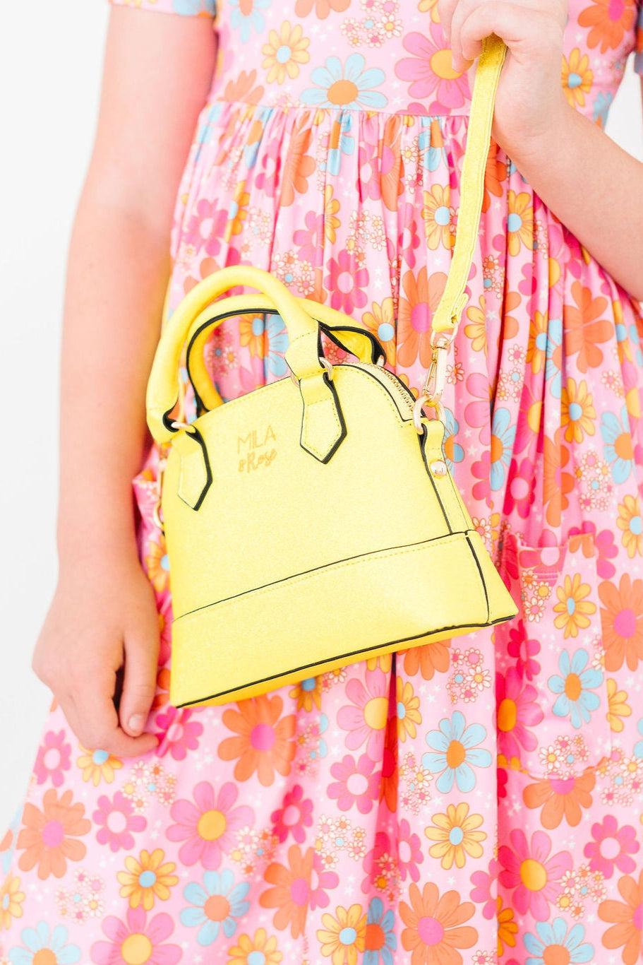 Mila & Rose ® Neon Yellow Glitter Girl's Crossbody Purse — detail close-up