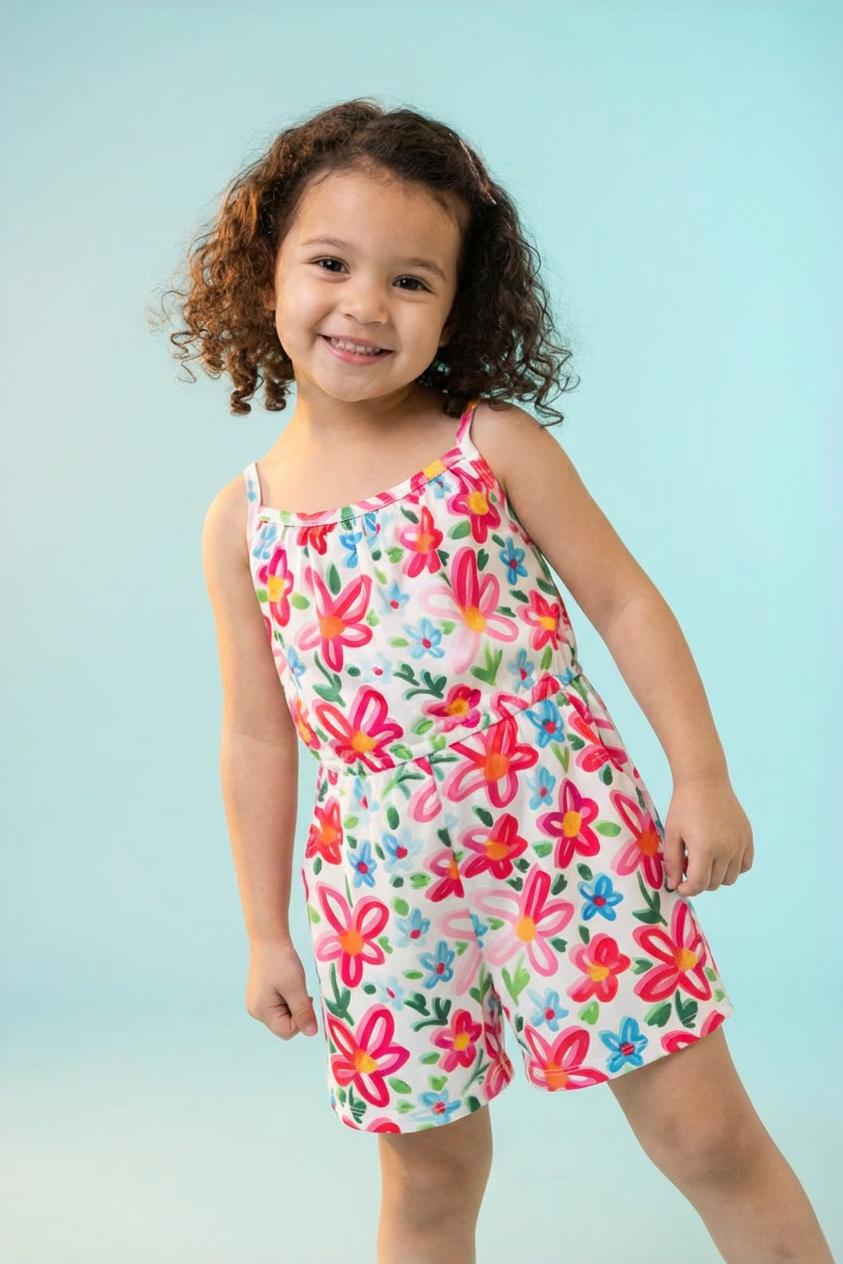 Mila & Rose ® Neon Floral Strappy Play Romper — main product shot
