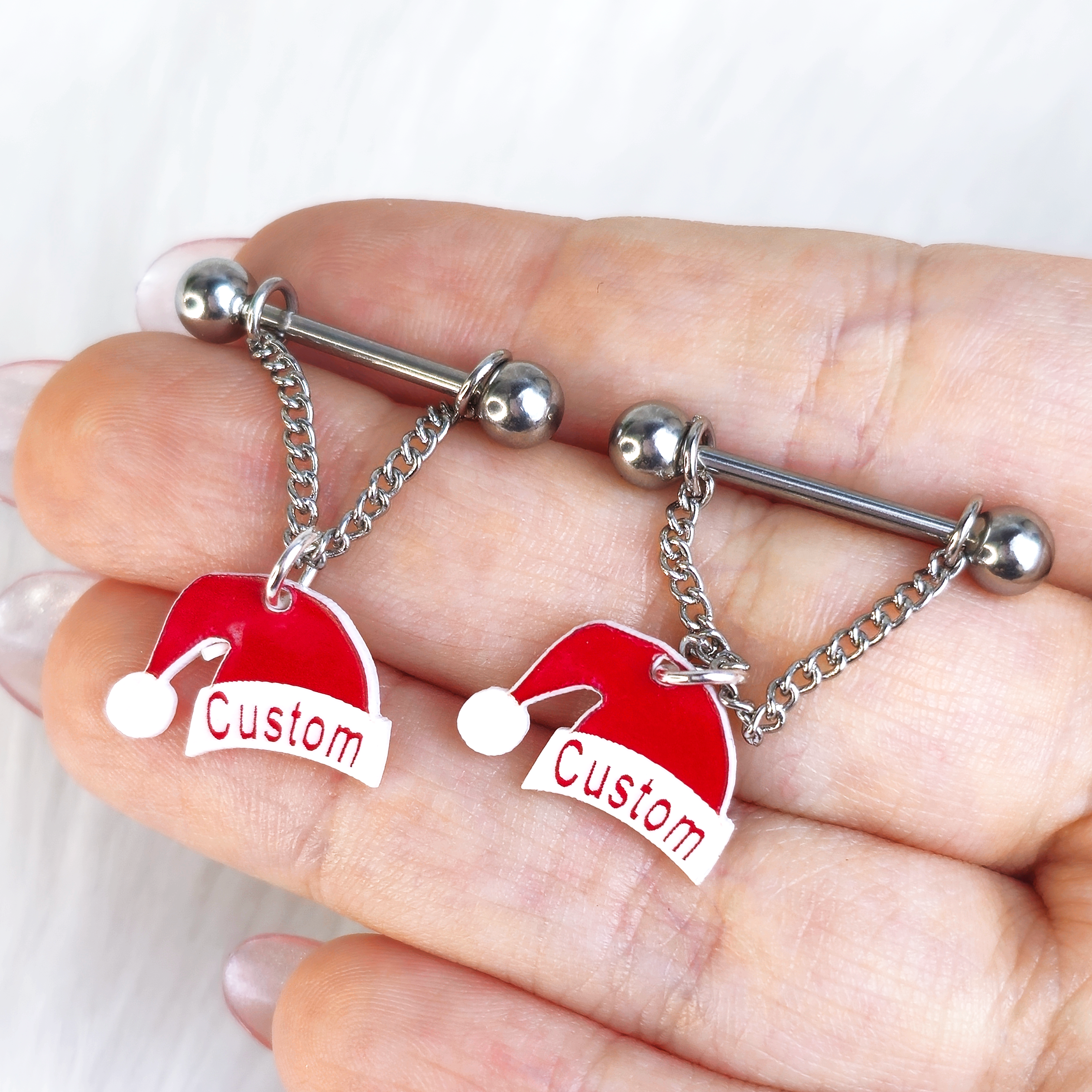 BodyCandy Custom Santa Hat Personalized Dangle Barbell Nipple Ring Set — lifestyle context