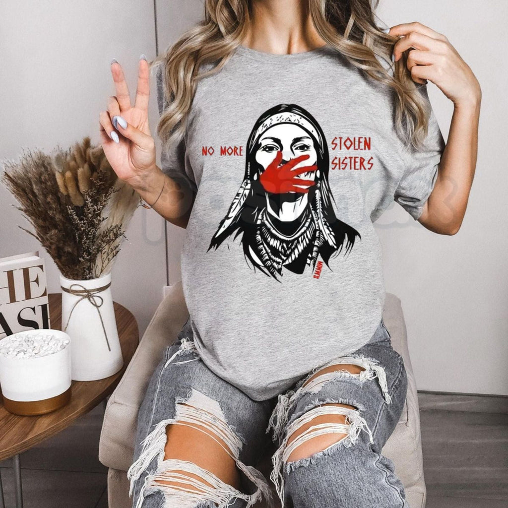 "No More Stolen Sisters" MMIW T-Shirt – Indigenous Red Hand Native American Graphic Tee, Premium 100% Cotton Justice for Indigenous Women Top, Soft Lived-In Heavyweight Wear Red Advocacy Shirt, Made in USA